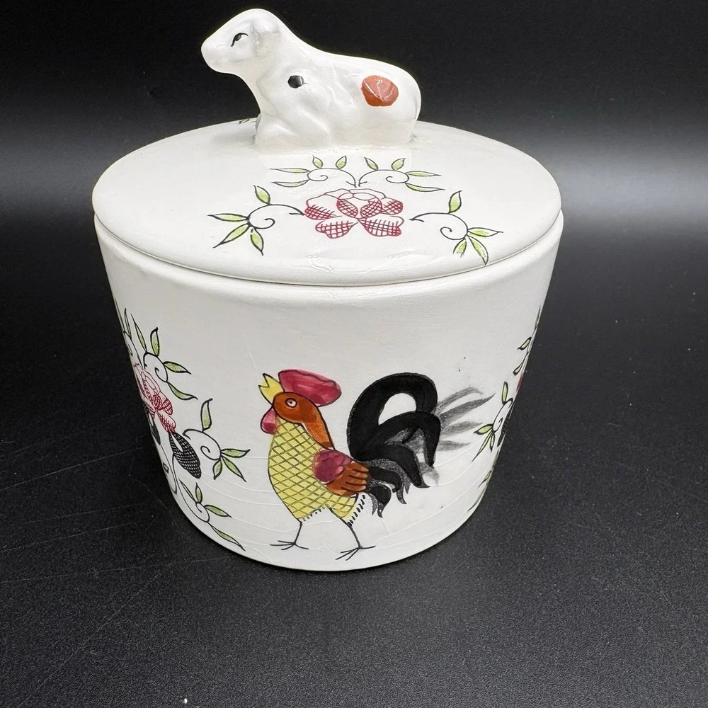 Vintage Butter Grease Crock W/ Lid Chickens Cows 4.75